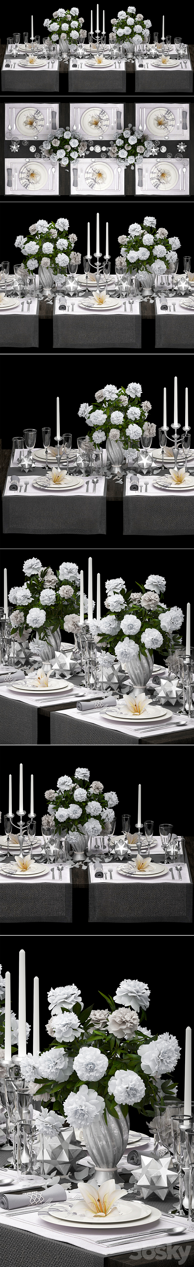 Table setting 4. ZARA HOME. White bouquet peonies tablecloth glass vase 6 persons luxury decor table decoration cutlery candles stylish festive solemn 3DS Max - thumbnail 2