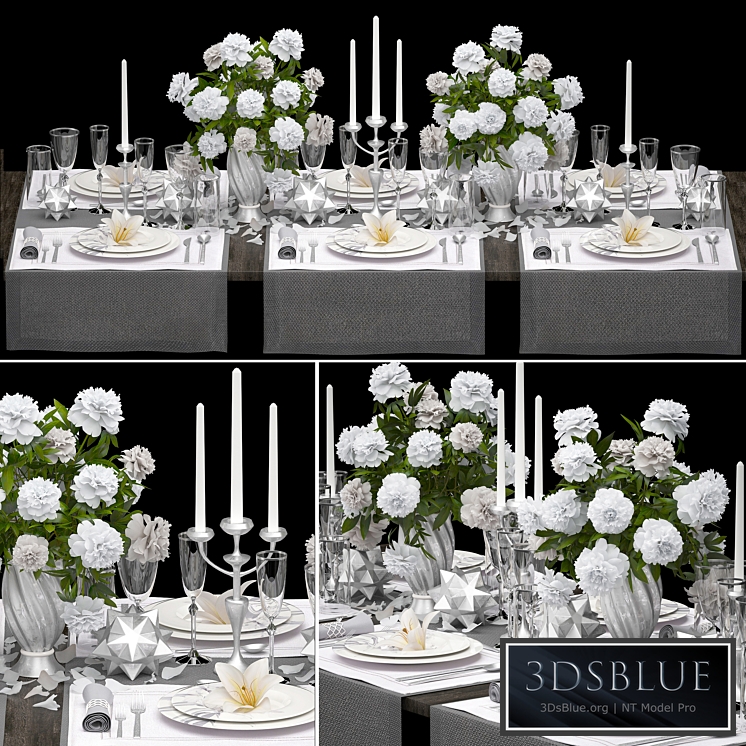 Table setting 4. ZARA HOME. White bouquet peonies tablecloth glass vase 6 persons luxury decor table decoration cutlery candles stylish festive solemn 3DS Max - thumbnail 3