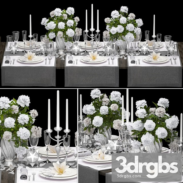 Table setting 4. zara home. white bouquet peonies tablecloth glass vase 6 persons luxury decor table decoration cutlery candles stylish festive solemn 3dsmax Download - thumbnail 1