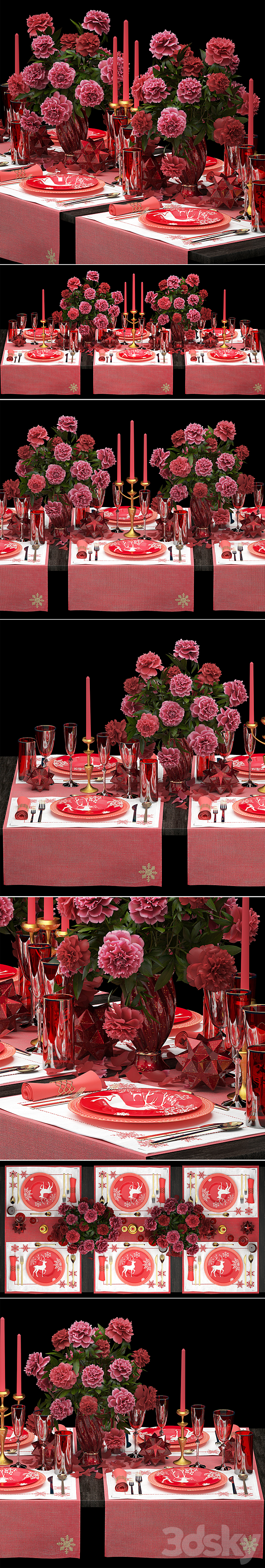 Table setting 5. ZARA HOME. appliances tablecloth decor bouquet of flowers peonies glass vase luxury decor table decoration cutlery candles stylish festive solemn 3DS Max Model - thumbnail 2