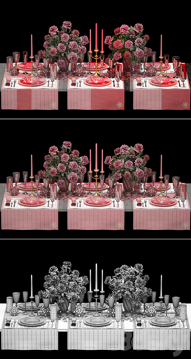 Table setting 5. ZARA HOME. appliances tablecloth decor bouquet of flowers peonies glass vase luxury decor table decoration cutlery candles stylish festive solemn 3DS Max Model - thumbnail 3