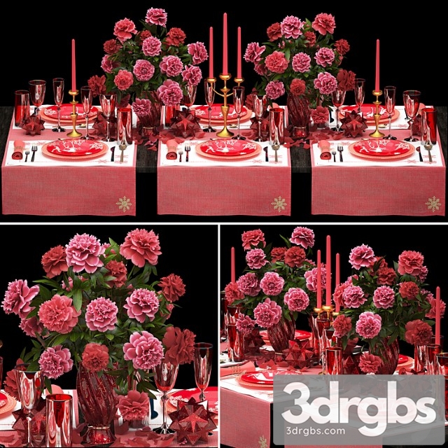 Table setting 5. zara home. appliances tablecloth decor bouquet of flowers peonies glass vase luxury decor table decoration cutlery candles stylish festive solemn 3dsmax Download - thumbnail 1