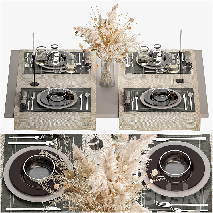 Table setting for 4 persons with a bouquet of flowers dried flower pampas grass ZARA HOME. 14. 3DS Max Model - thumbnail 1