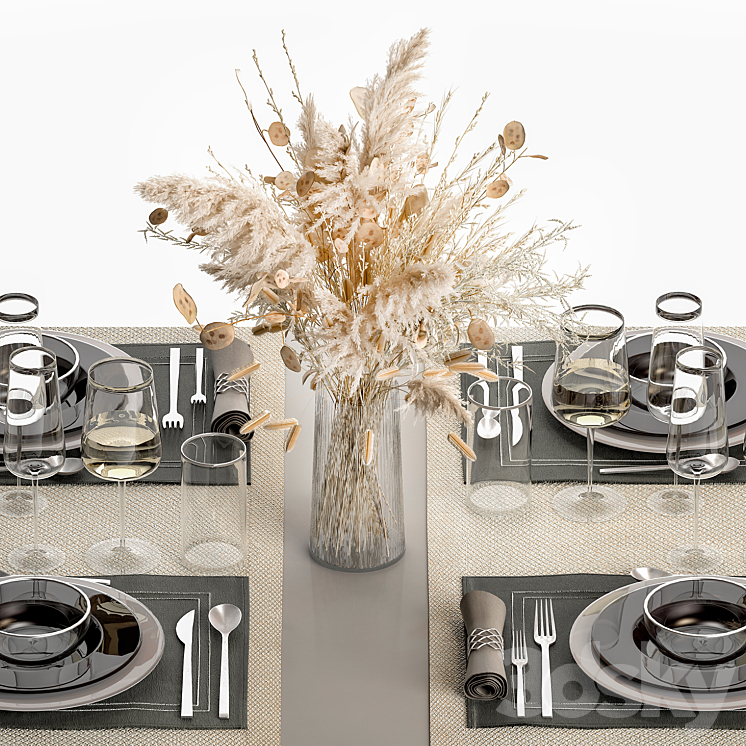 Table setting for 4 persons with a bouquet of flowers dried flower pampas grass ZARA HOME. 14. 3DS Max Model - thumbnail 2