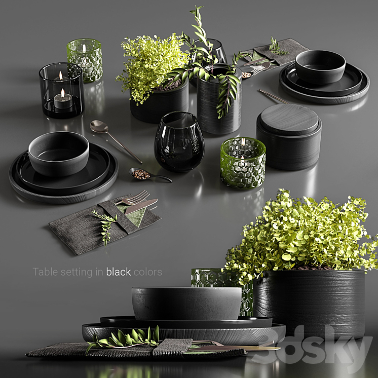 Table setting in black colors 3DS Max - thumbnail 1