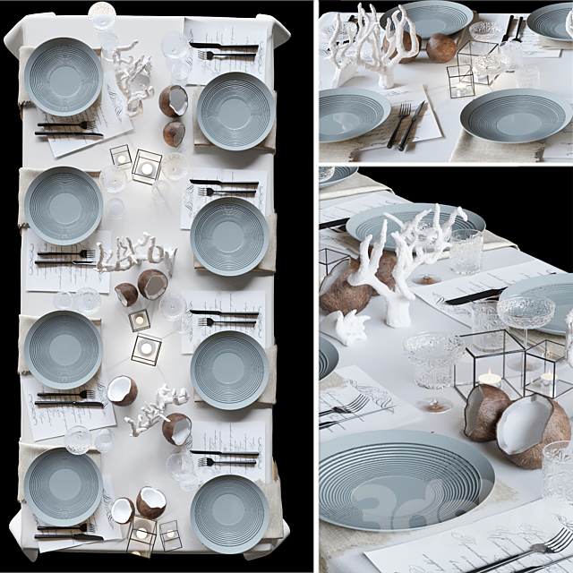 Table setting with collectible crockery. candles and marine-style corals 3DSMax File - thumbnail 1