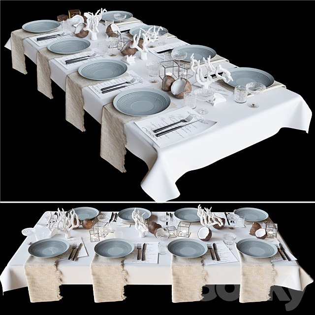 Table setting with collectible crockery. candles and marine-style corals 3DSMax File - thumbnail 2