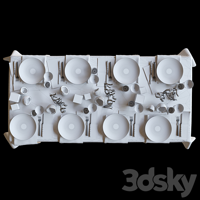 Table setting with collectible crockery. candles and marine-style corals 3DSMax File - thumbnail 3