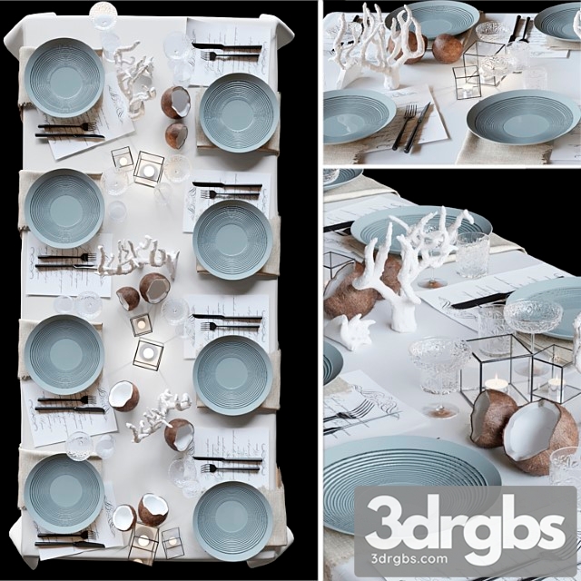 Table Setting With Collectible Tableware Candles And Corals In A Marine Style 3dsmax Download - thumbnail 1