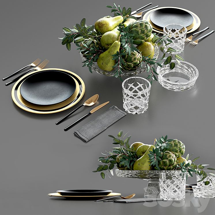 Table setting with Fruits in crystal vase 3DS Max - thumbnail 1