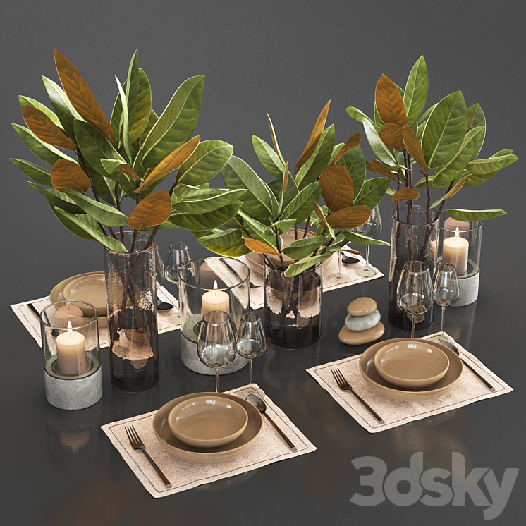 Table setting with leaves_1 3DS Max - thumbnail 1