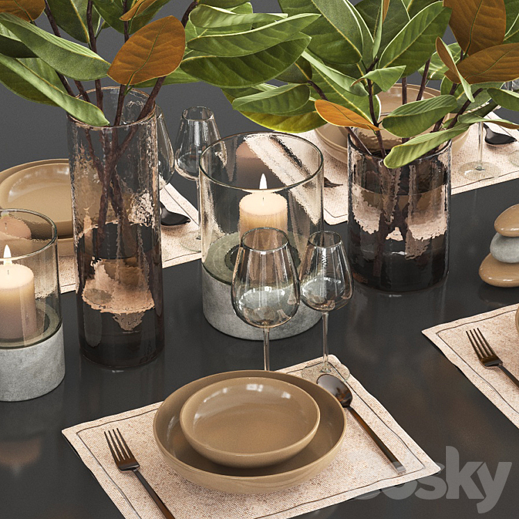 Table setting with leaves_1 3DS Max - thumbnail 2