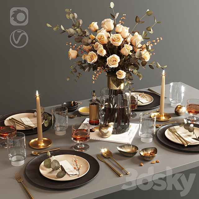 Table setting with roses 3ds Max - thumbnail 1