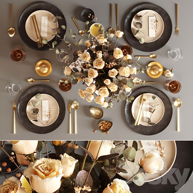 Table setting with roses 3ds Max - thumbnail 2