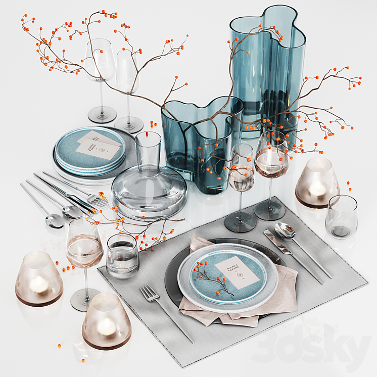 Table setting with rowan 3DS Max Model - thumbnail 1