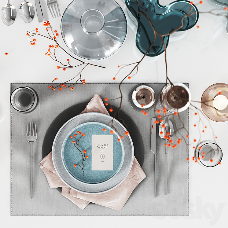 Table setting with rowan 3DS Max Model - thumbnail 2