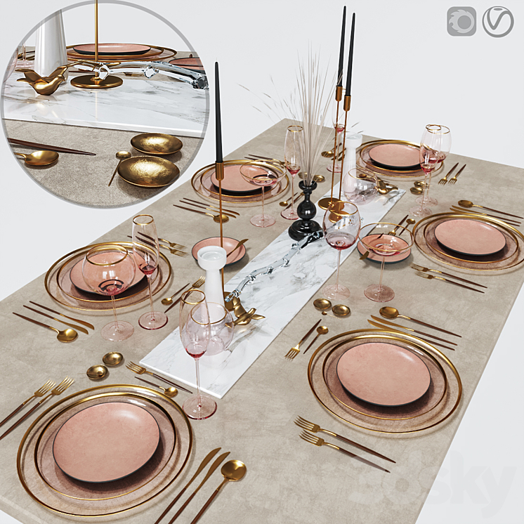 Table settings with pink glass 3DS Max - thumbnail 2