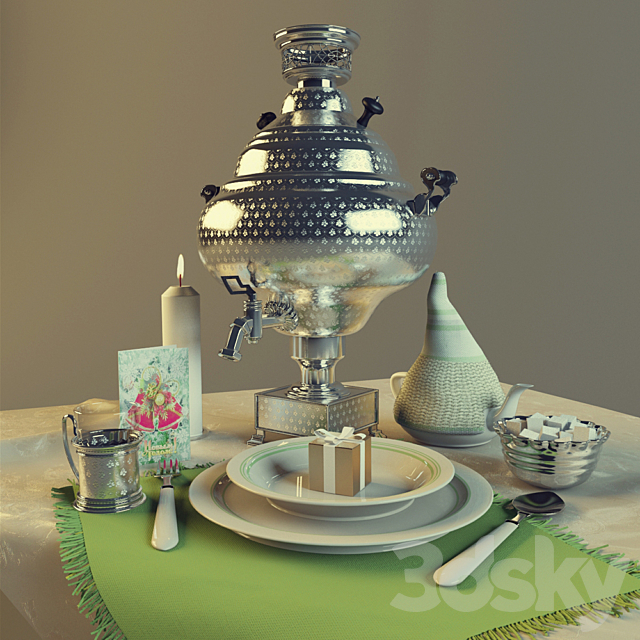 Table with Samovar 3ds Max - thumbnail 1