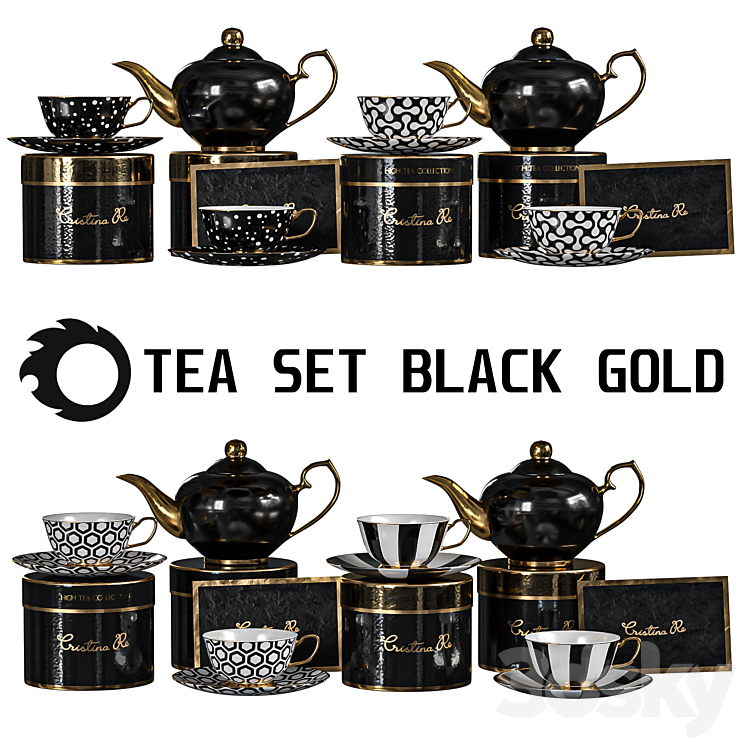 tea set black gold 3DS Max Model - thumbnail 1