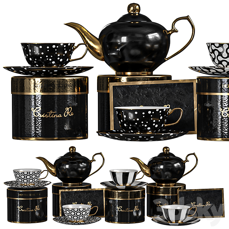 tea set black gold 3DS Max Model - thumbnail 2