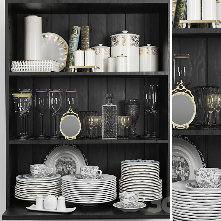 Wardrobe with a set of dishes and a crystal service in a classic style 3DS Max - thumbnail 1