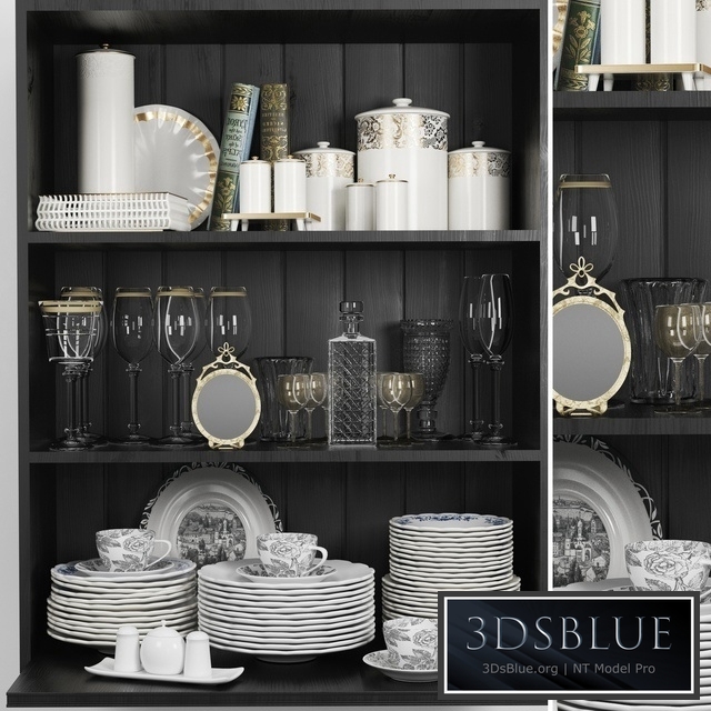 Wardrobe with a set of dishes and a crystal service in a classic style 3DS Max - thumbnail 3