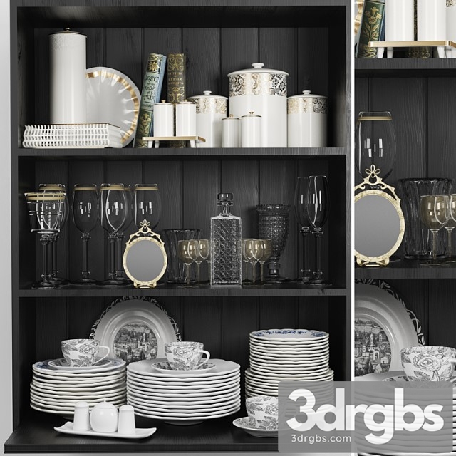 Wardrobe with a set of dishes and a crystal service in a classic style 3dsmax Download - thumbnail 1