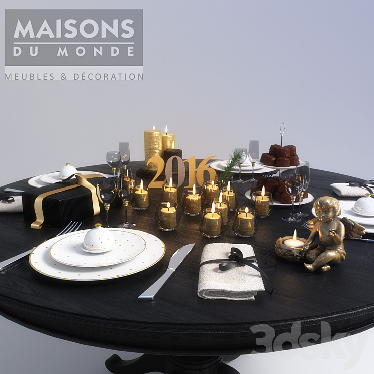 Wood table whith new year gold decor 3DS Max - thumbnail 1