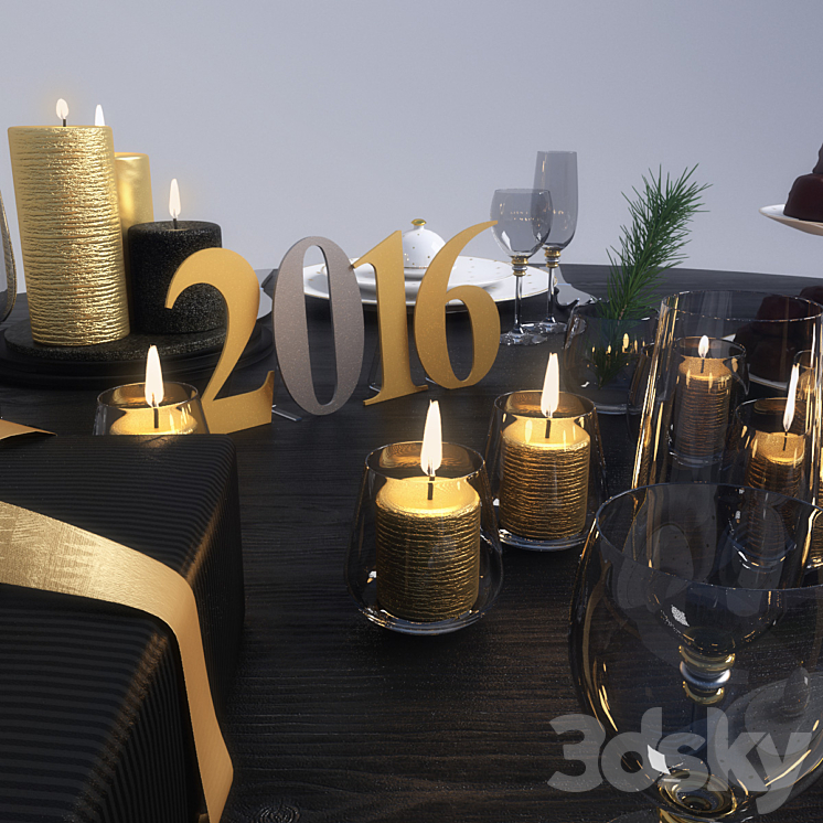 Wood table whith new year gold decor 3DS Max - thumbnail 2