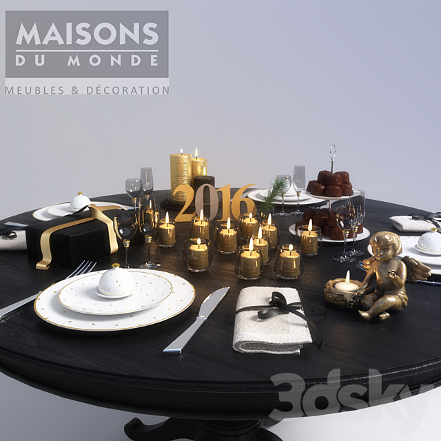 Wood table whith new year gold decor 3DSMax File - thumbnail 1