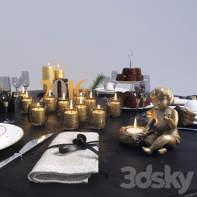 Wood table whith new year gold decor 3DSMax File - thumbnail 3