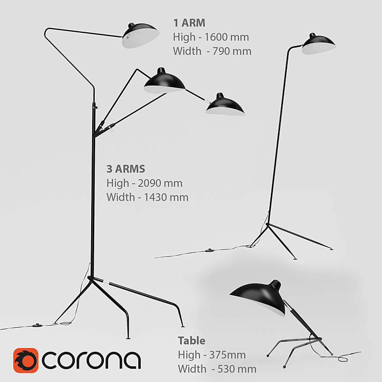 Mouille Floor Table. 1 3 arms. 3DS Max - thumbnail 1