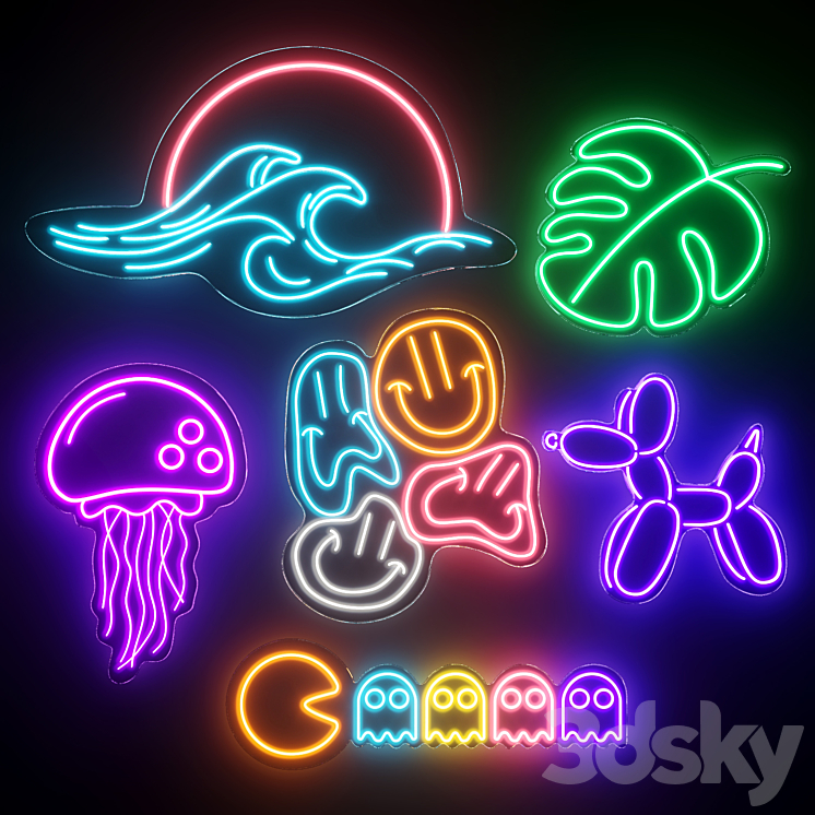 Wave|Monstera|Smile|Jellyfish|Pacman|Ballon Dog Neon Signs 3DS Max Model - thumbnail 1