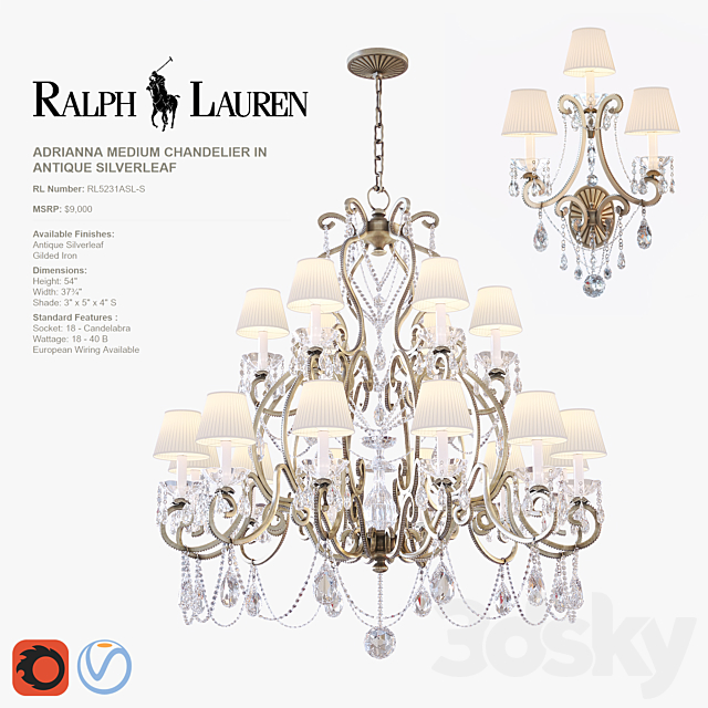 ADRIANNA MEDIUM CHANDELIER and TRIPLE SCONCE in antique silverleaf 3DSMax File - thumbnail 1