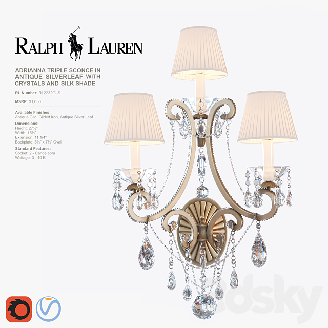 ADRIANNA MEDIUM CHANDELIER and TRIPLE SCONCE in antique silverleaf 3DSMax File - thumbnail 2