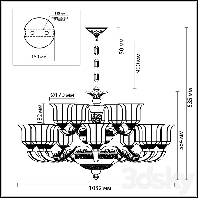 Chandelier ODEON LIGHT 3997_15 MERANO 3DS Max Model - thumbnail 2