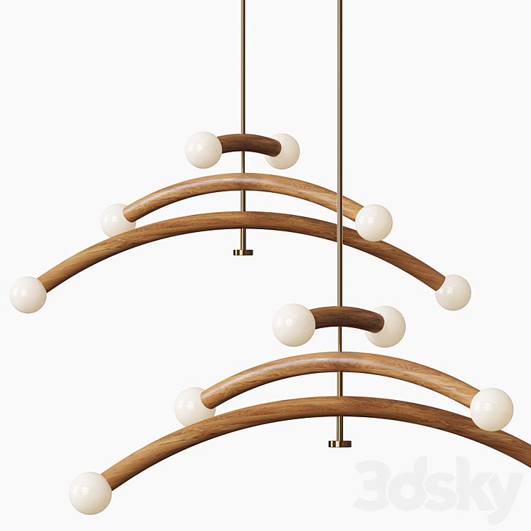 Contemporary Bleached White Oak and Brass LED Chandelier 3DS Max Model - thumbnail 1