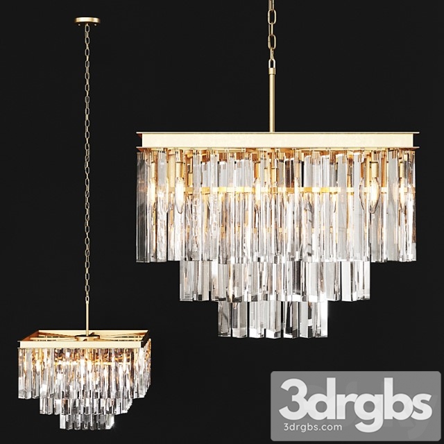 Restoration hardware 1920s odeon clear glass fringe square 3-tier chandelier brass - thumbnail 1