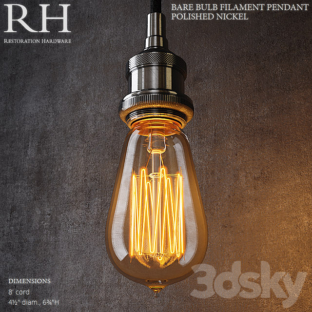 RH Bare Bulb Filament Pendant Polished Nickel 3DS Max Model - thumbnail 1