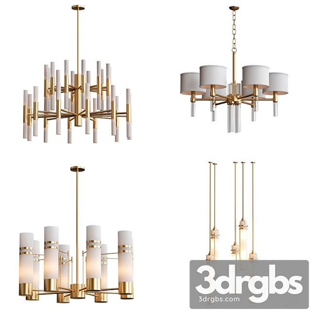 Wide antique brass chandelier and pendant lamps 3dsmax Download - thumbnail 1