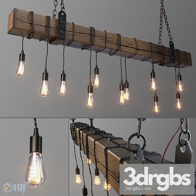 Wood beam chandelier with vintage style edison bulbs 3dsmax Download - thumbnail 1