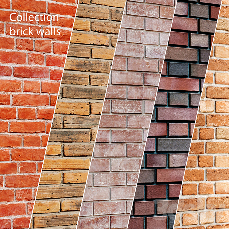 Collection of brick walls 5 pcs. Masonry brick loft aged set collection decorative panel wall 3DS Max - thumbnail 1