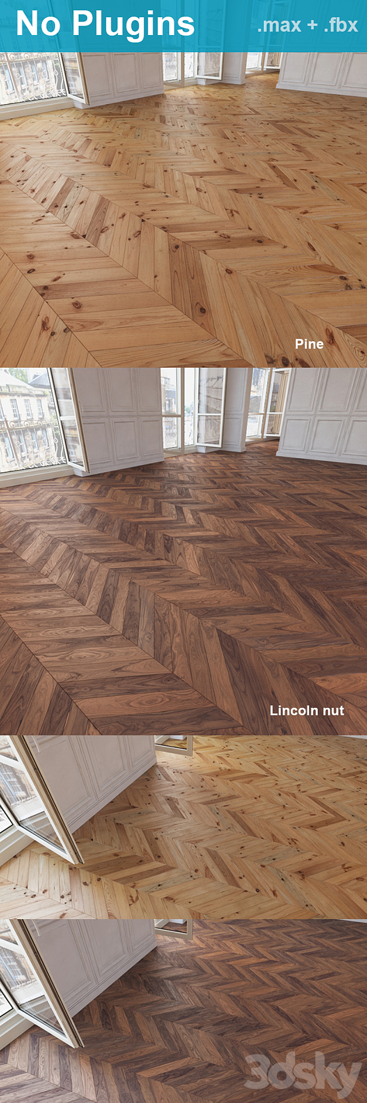 Herringbone parquet 33 (2 species without the use of plug-ins) 3DS Max - thumbnail 2