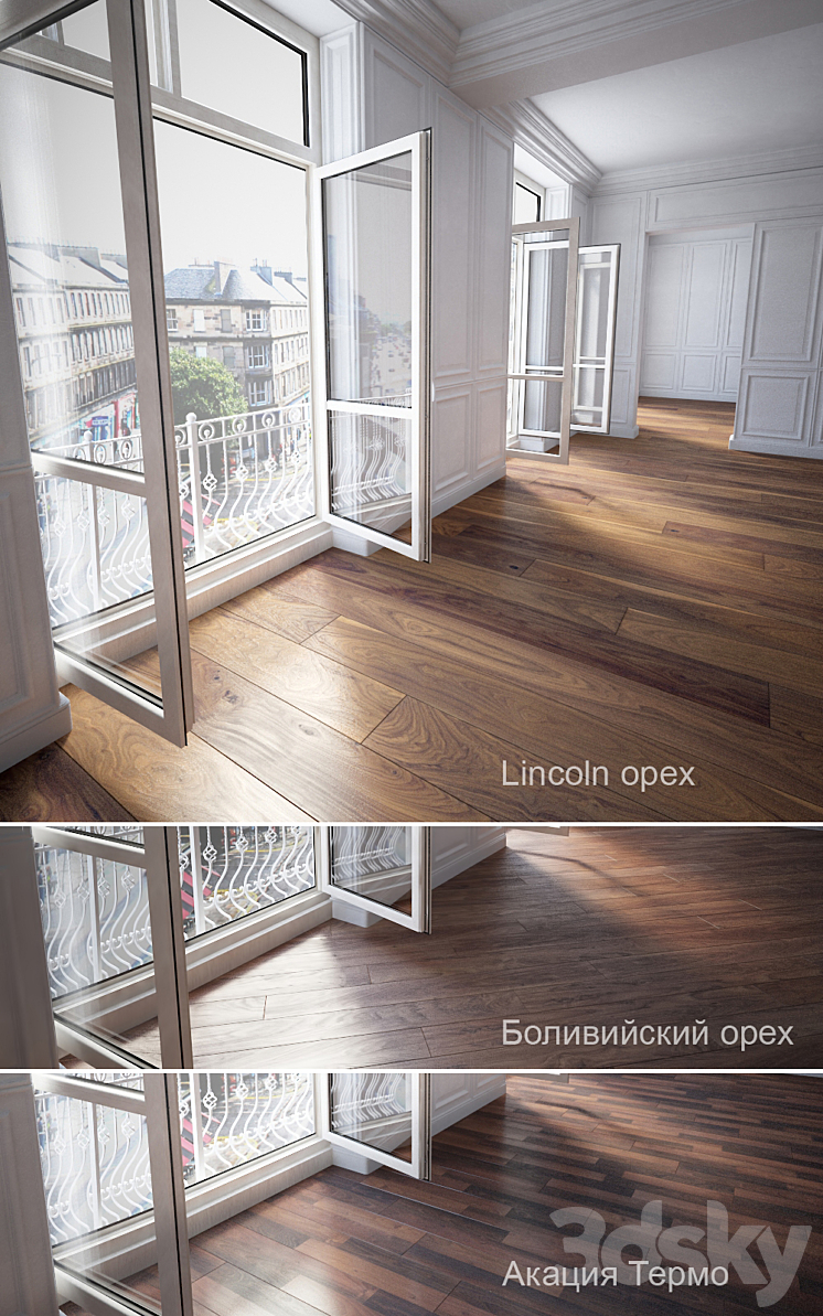 Parquet 3 species: Walnut Acacia Bolivian walnut 3DS Max - thumbnail 1