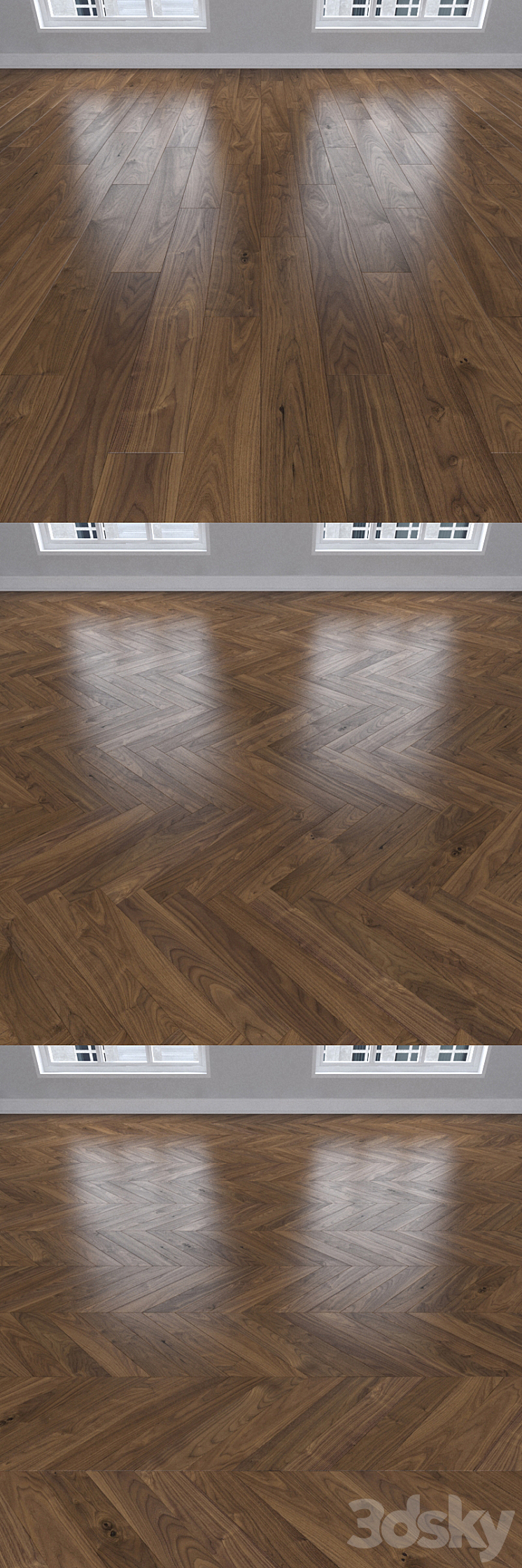 Parquet American walnut 3 kinds: herringbone linear chevron. 3DS Max - thumbnail 2