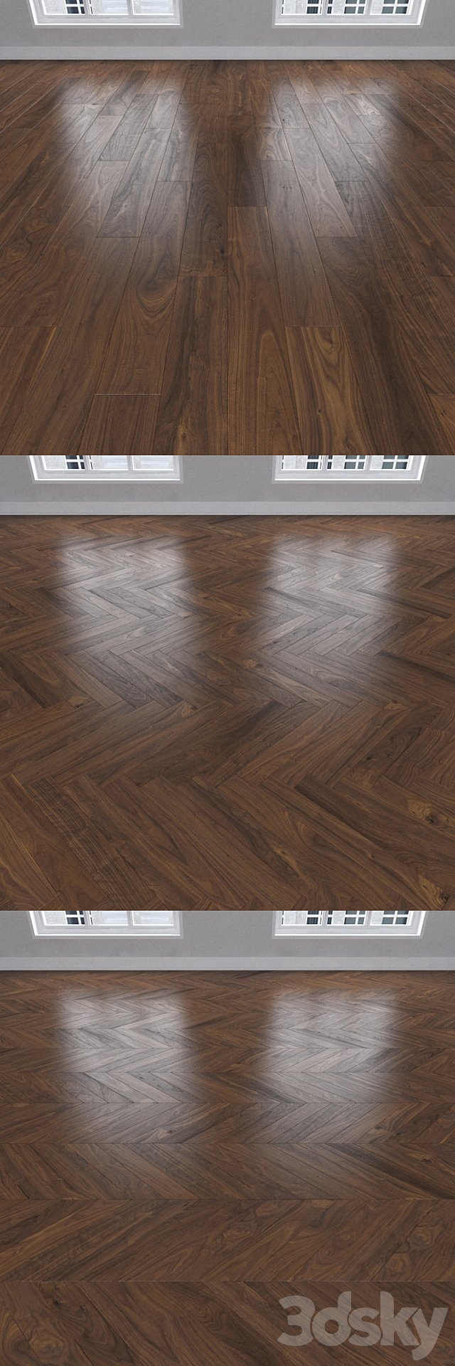 Parquet American walnut 3 kinds: herringbone linear chevron. 3DS Max Model - thumbnail 2