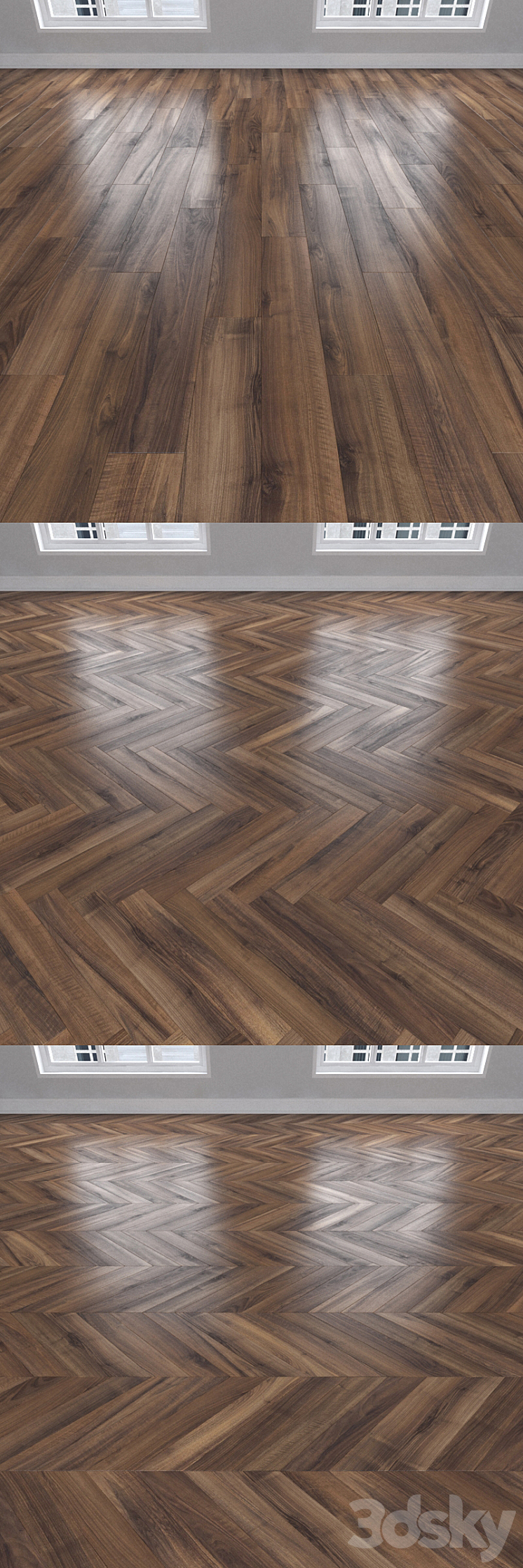 Parquet Italian walnut 3 kinds: herringbone linear chevron. 3DS Max - thumbnail 2