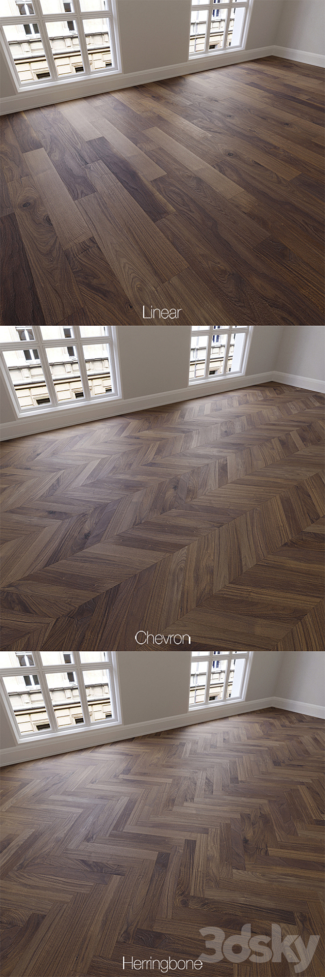 Parquet natural. American walnut. 3 kinds. Linear. chevron. herringbone. 3DSMax File - thumbnail 2