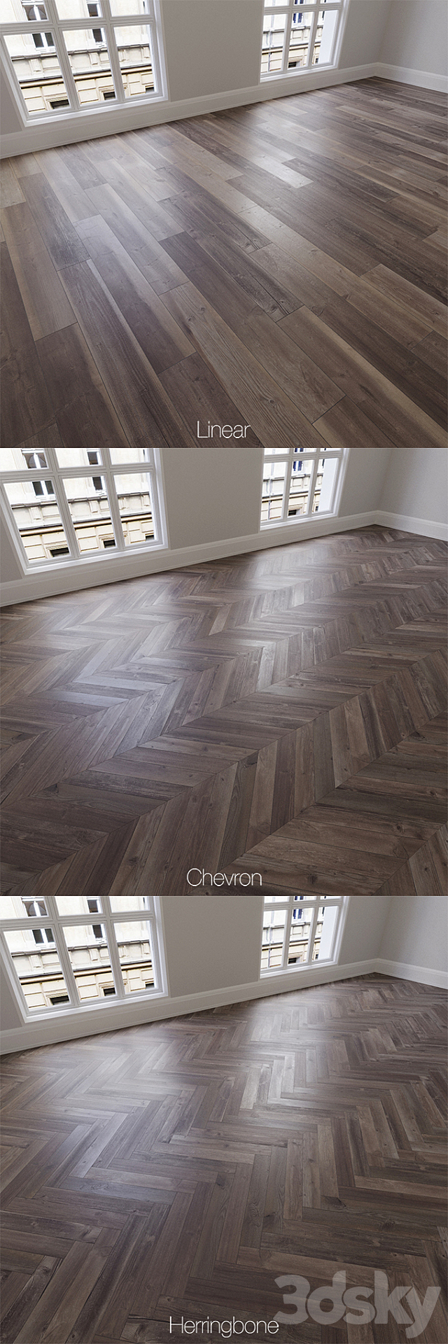 Parquet natural ancient oak 3 types. Linear chevron herringbone. 3DS Max Model - thumbnail 2