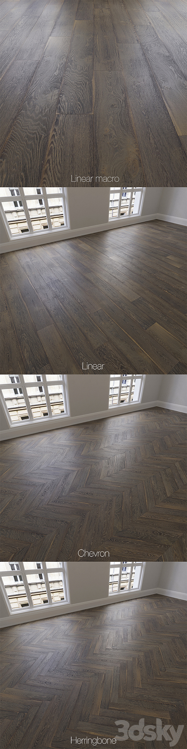 Parquet natural Brown oak 3 types. Linear chevron herringbone. 3DS Max Model - thumbnail 2